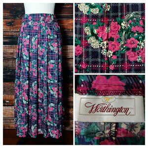 Worthington Vintage Midi Skirt 14 Pleated Floral Plaid Side Button Made in USA